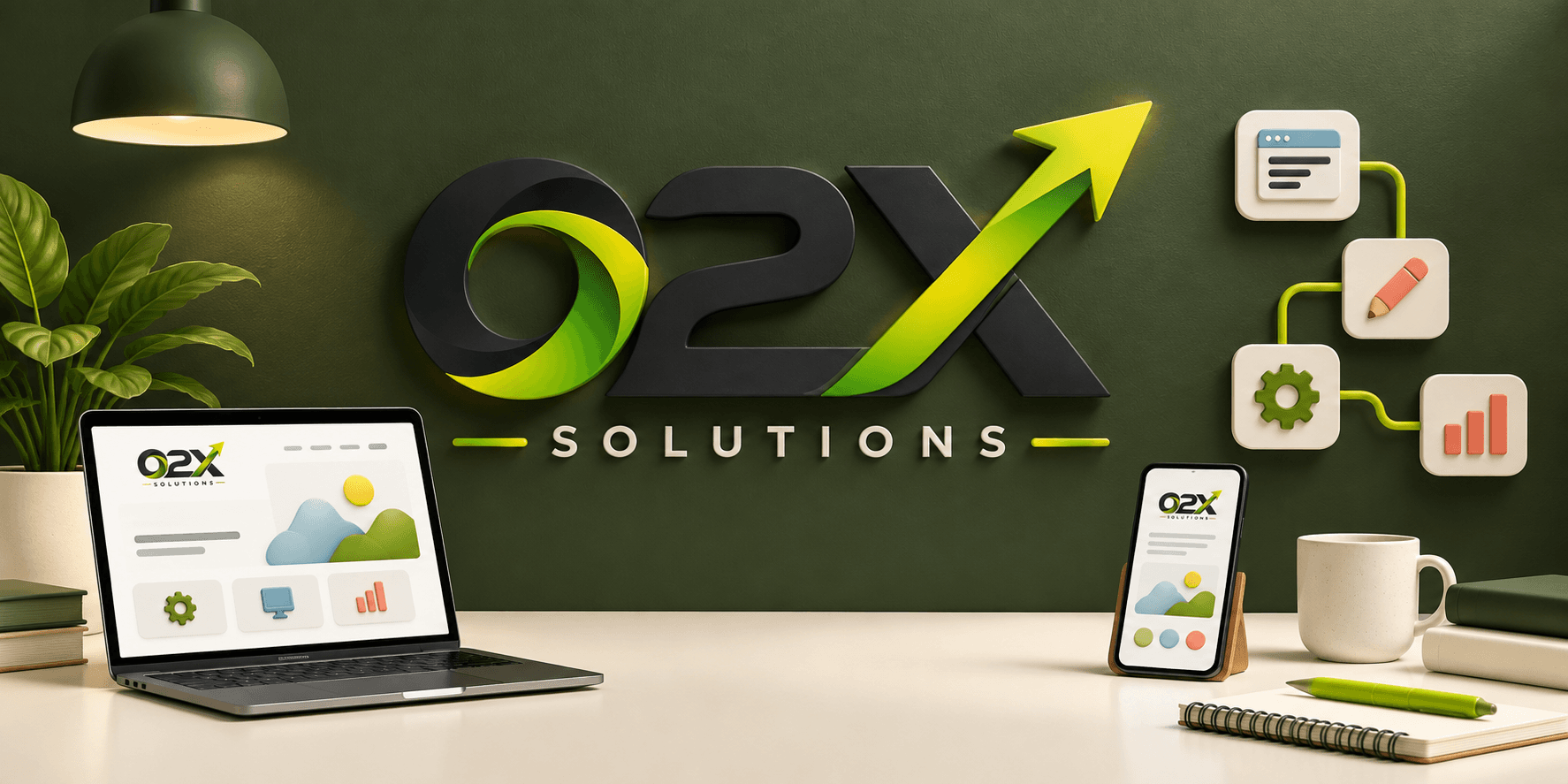 02X Solutions branded studio illustration with the logo, a laptop, phone and connected workflow tiles