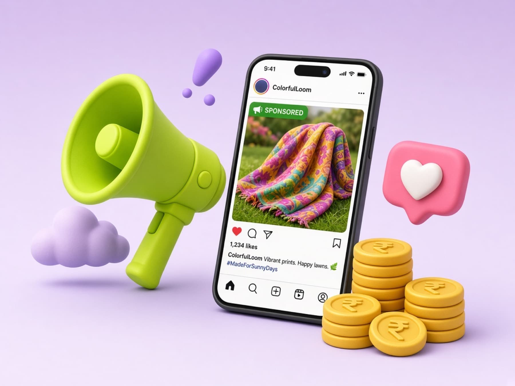 3D megaphone, phone ad and rupee coins.