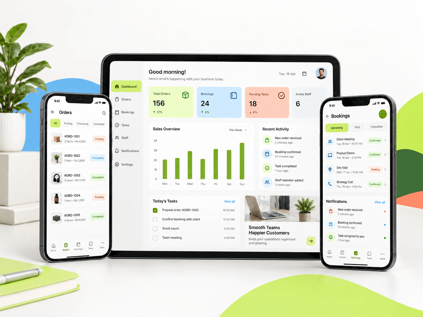 Business app for orders, bookings, staff tasks and notifications shown across mobile devices.