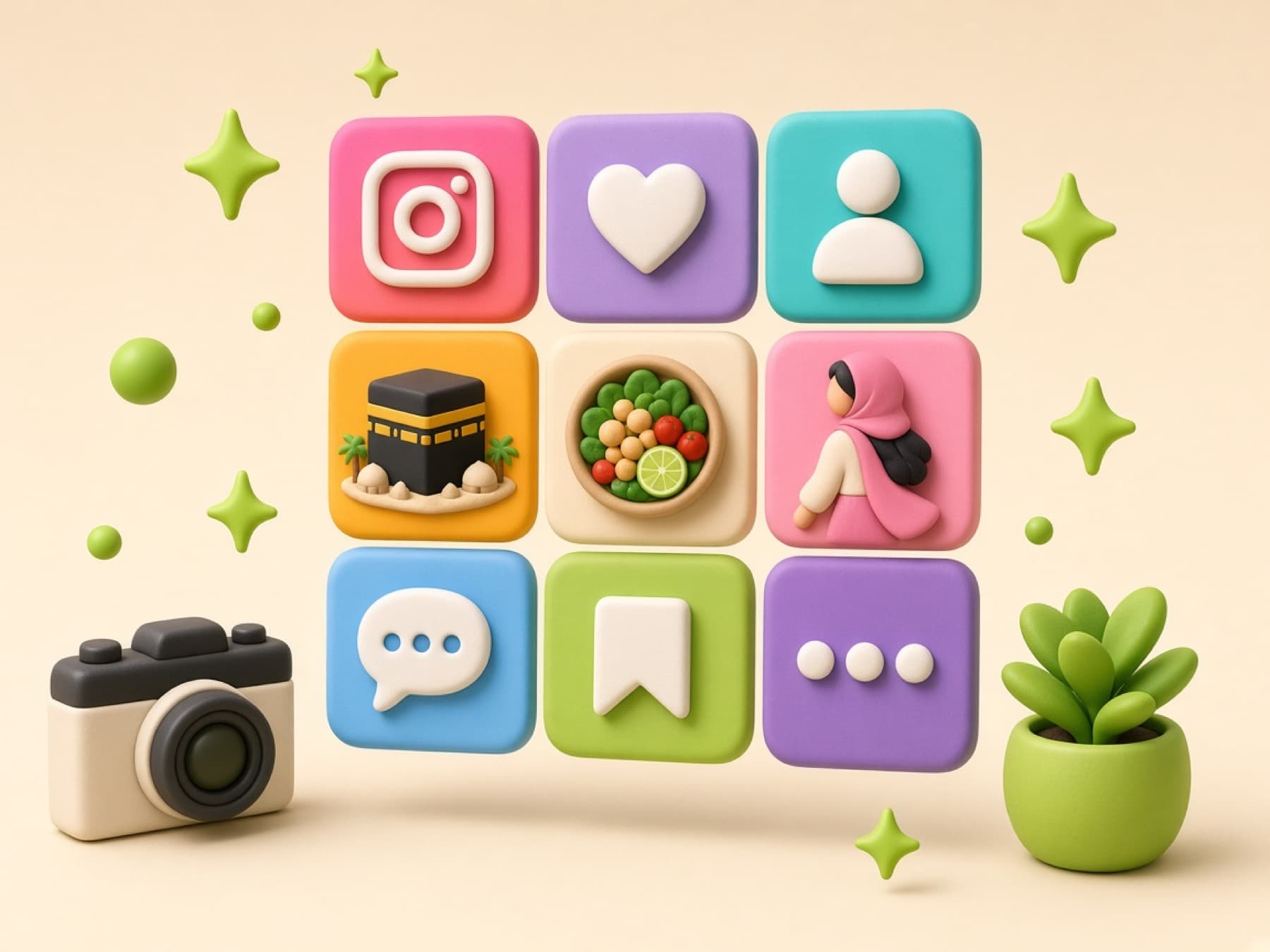 3D social media grid with a suitcase, airplane, food and fashion illustrations.