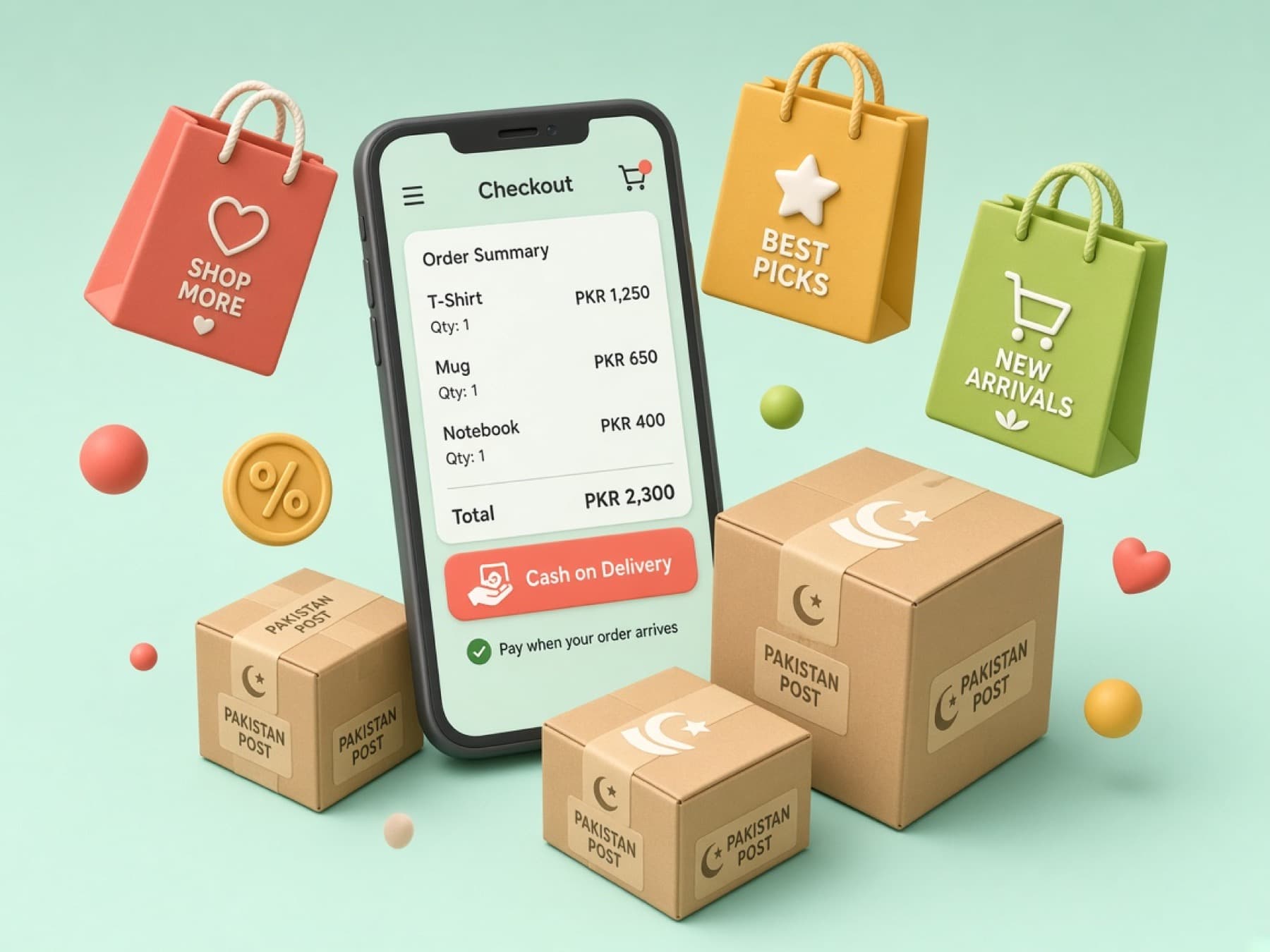 3D shopping bags, parcels and a phone checkout.