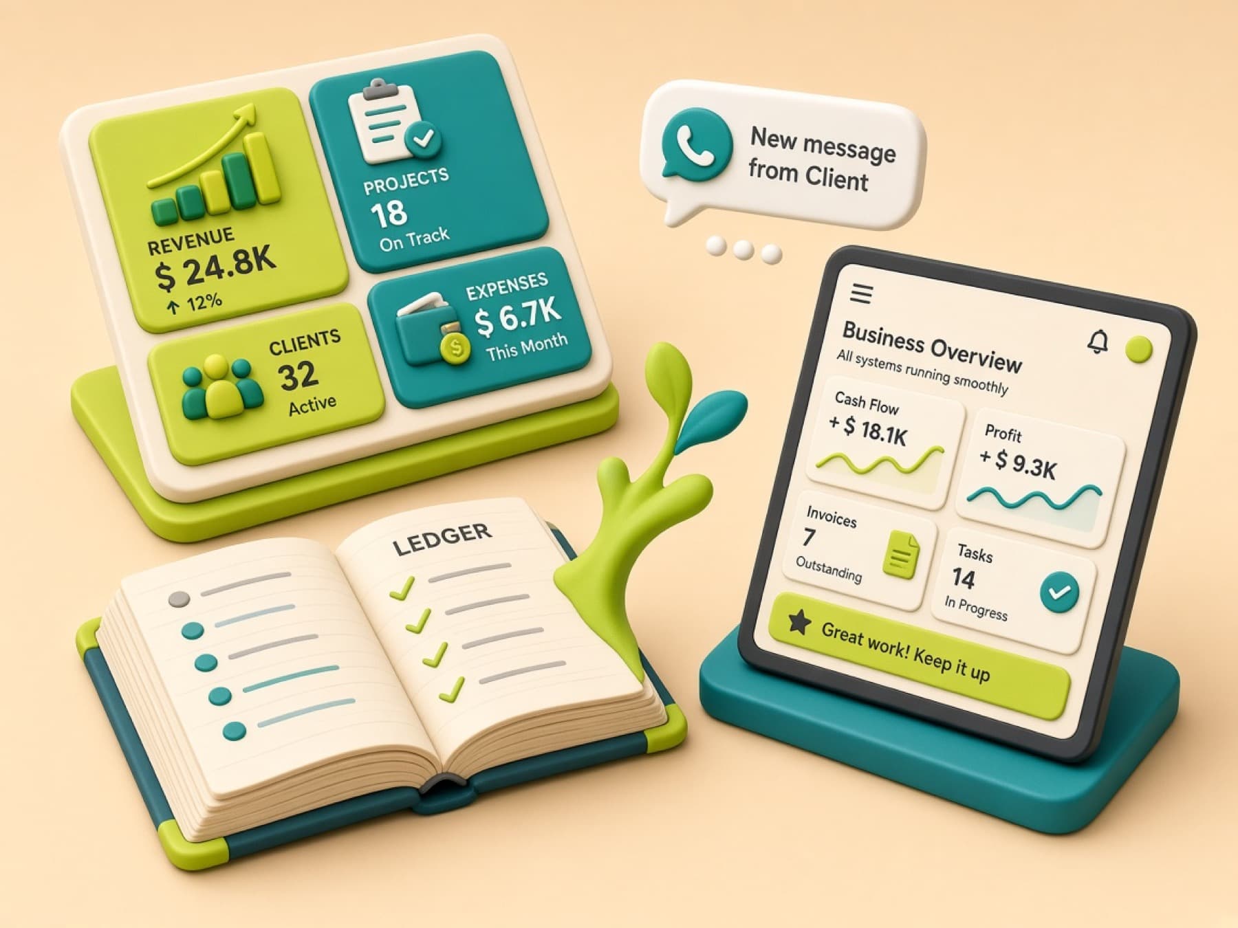 Illustrated business system dashboard.