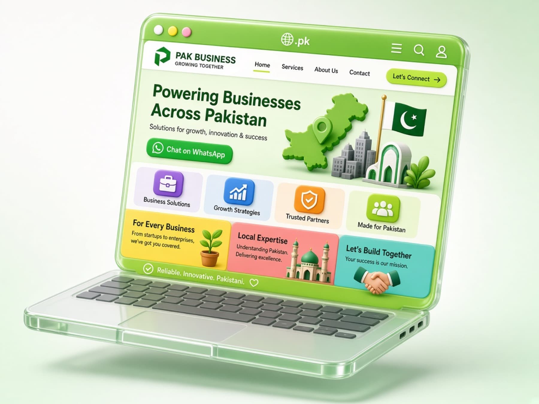 3D laptop with a colorful website and WhatsApp button.