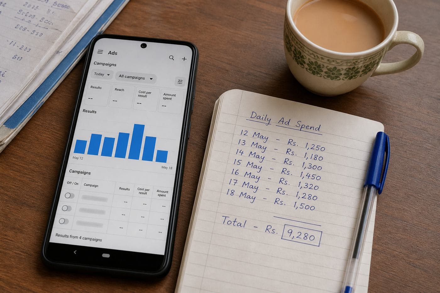 A phone and a rupee spend notebook on a shop desk.