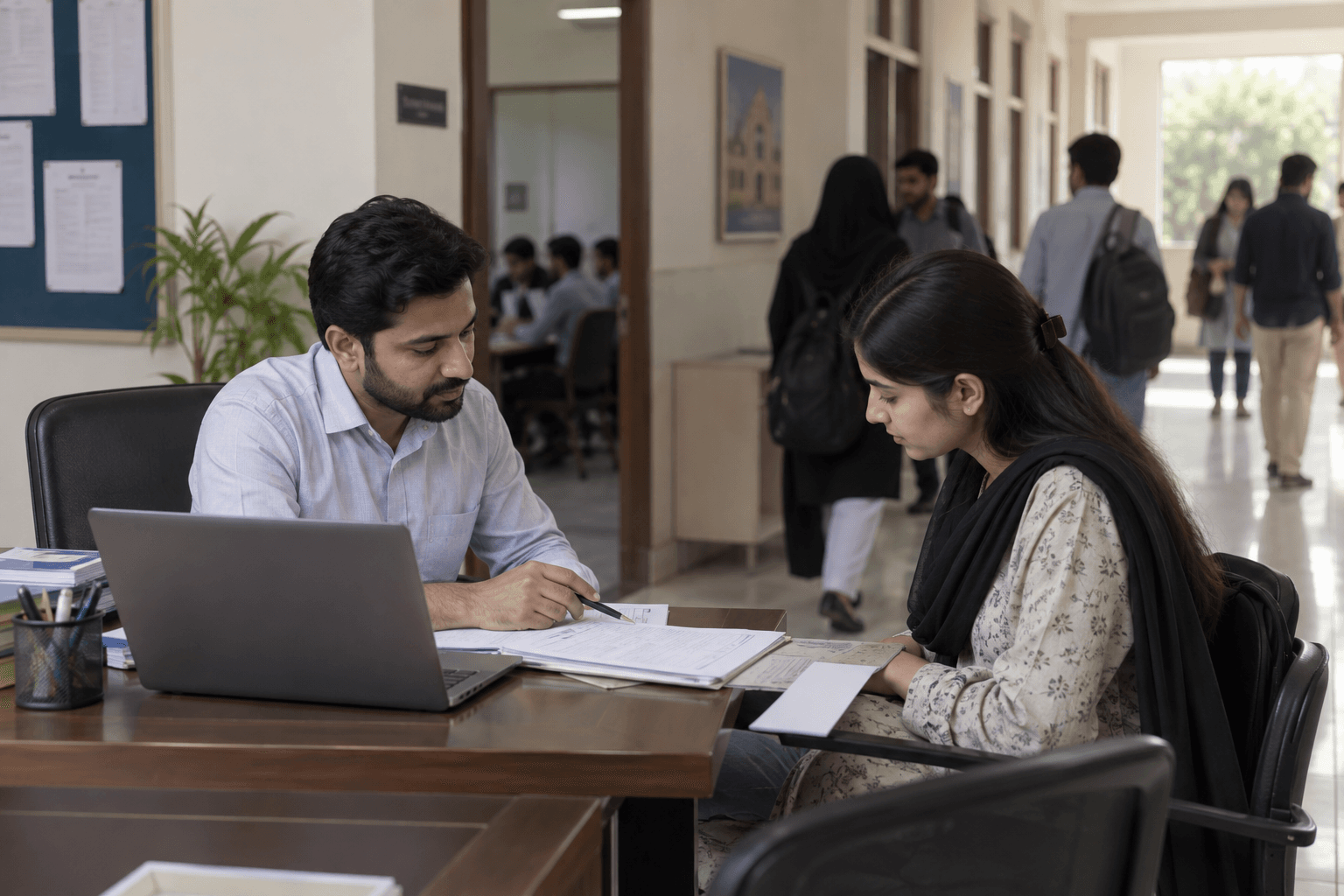 A student speaking with an admissions counsellor at a Pakistani educational institute.
