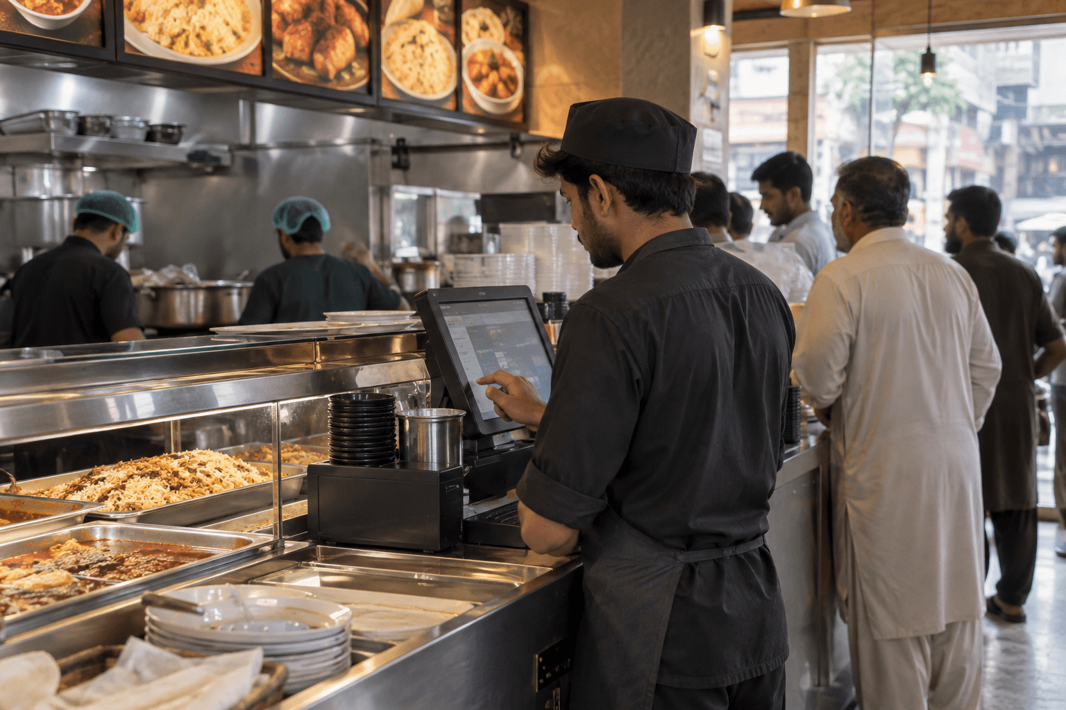 A busy restaurant counter in Pakistan, with staff taking an order on a touchscreen.