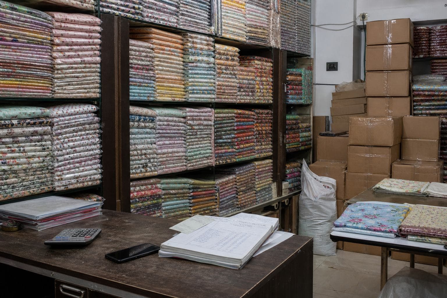 Printed lawn on racks in a Faisalabad shop.